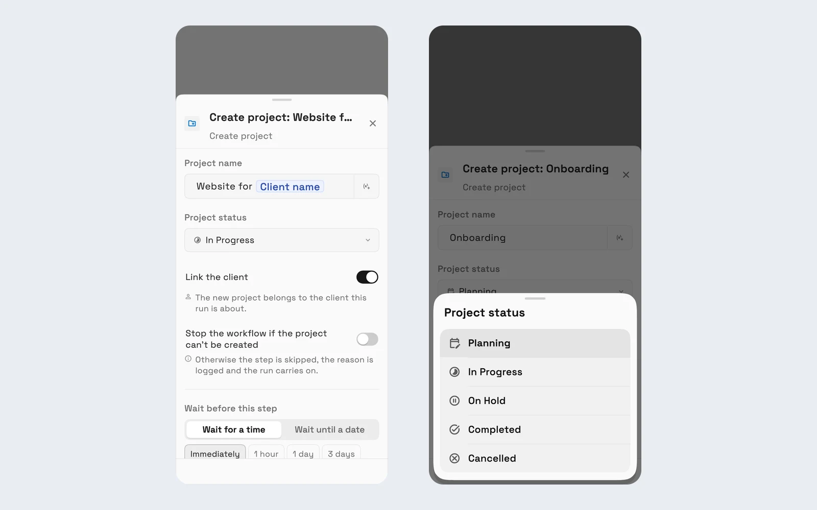 Twee telefoonrenders naast elkaar: de stap 'Project aanmaken' met 'Website voor klant' als projectnaam, status 'In behandeling' en 'Klant koppelen', en de lijst met projectstatussen van 'Planning' tot 'Geannuleerd'.
