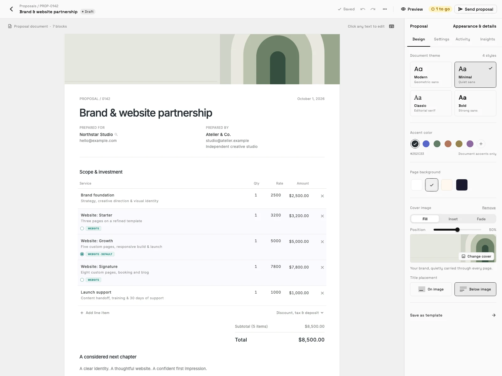 De voorstel-editor op desktop: 'Scope & investering' met 'Website: Starter', 'Growth' en 'Signature' als opties in een 'Website'-pakket, 'Growth' gemarkeerd als 'Website · Standaard', en een totaal van $8,500.00 dat alleen de standaardoptie telt.