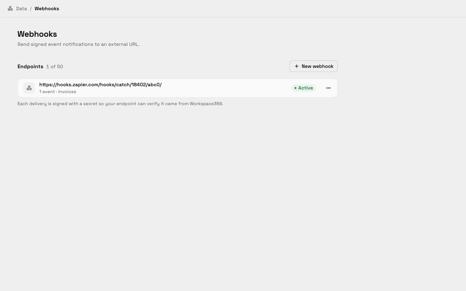 Impostazioni, Webhook sul desktop per un workspace Cadet: un endpoint di ricezione Zapier attivo, il conteggio 1 di 50 e un pulsante Nuovo webhook.