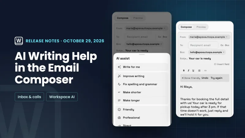 A navy release-notes plate titled AI Writing Help in the Email Composer, beside real phone renders of the AI assist sheet with Write for me, four edits and three tones, and a reworded email with the Done: Friendly, Undo and Try again bar.