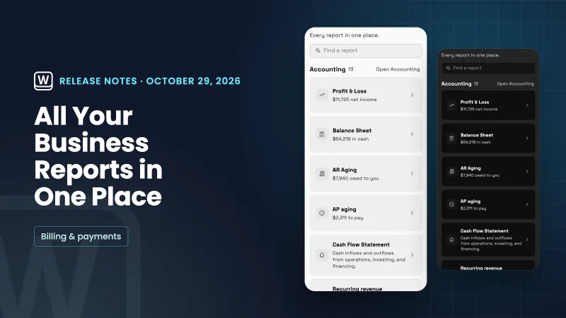 Una piastra di note di rilascio blu navy intitolata Tutti i tuoi report aziendali in un unico posto, accanto a rendering telefonici reali della home page di Workspace369 Reports in modalità chiara e scura.