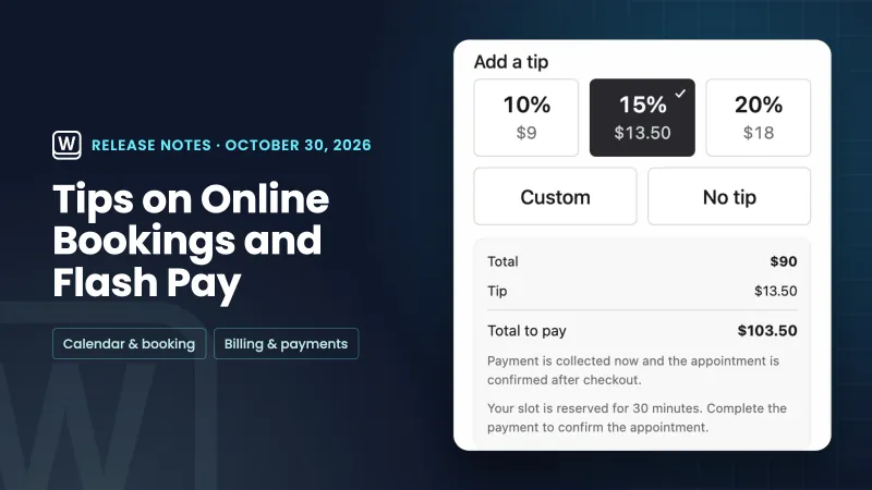 Un riquadro blu navy per le note di rilascio intitolato "Suggerimenti sulle prenotazioni online e Flash Pay", accanto a un rendering reale del passaggio "Aggiungi una mancia" su una prenotazione con il 15% selezionato.
