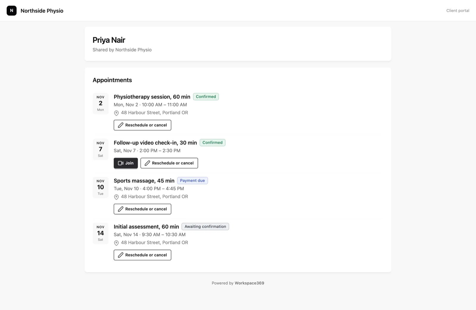 A client portal for Priya Nair showing Appointments: a physiotherapy session and a sports massage at 48 Harbour Street, a video check-in with a Join button and an initial assessment awaiting confirmation, each with Reschedule or cancel.