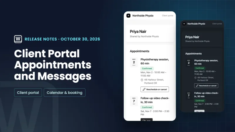A navy release-notes plate titled Client Portal Appointments and Messages, beside real light and dark phone renders of a client portal’s Appointments list with Reschedule or cancel under the bookings.