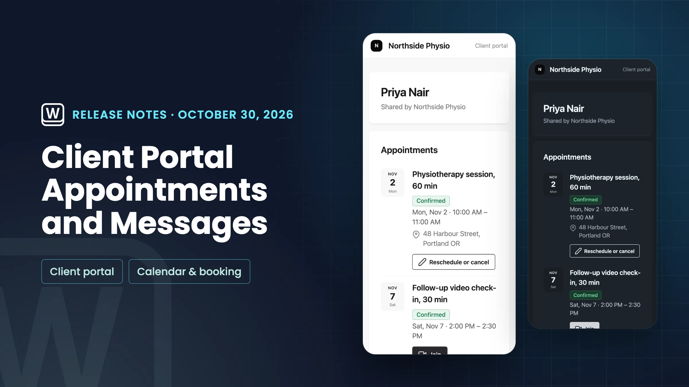 A navy release-notes plate titled Client Portal Appointments and Messages, beside real light and dark phone renders of a client portal’s Appointments list with Reschedule or cancel under the bookings.