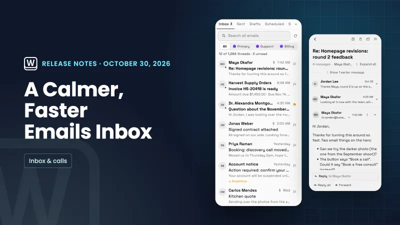 A navy release-notes plate titled A Calmer, Faster Emails Inbox, beside real phone renders of the new Emails list with folder tabs, mailbox chips and emails with a preview line, including a Suspicious warning, and an open thread with a folded earlier message and a Reply to Maya Okafor bar.