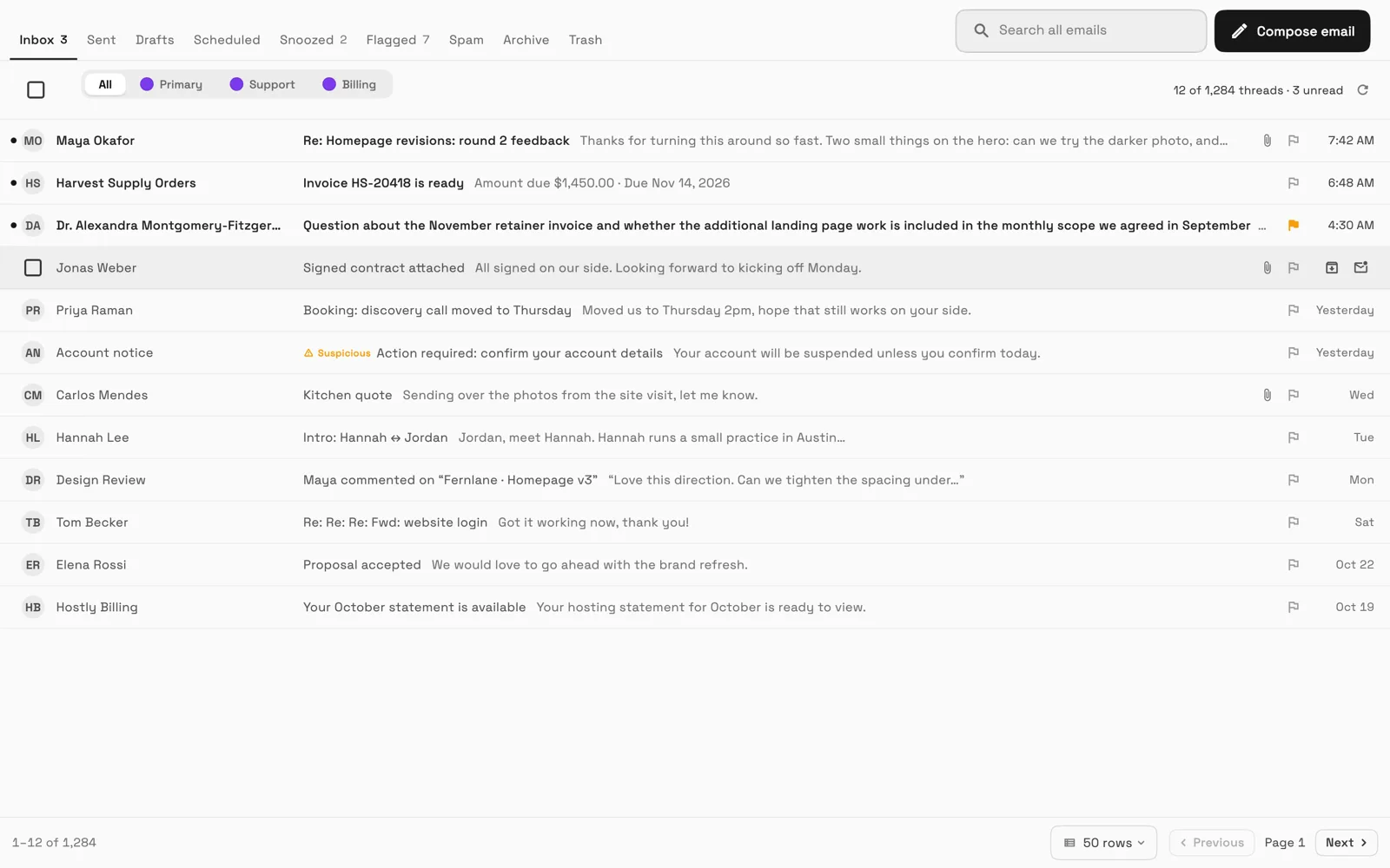 The Emails list on a computer: folder tabs Inbox, Sent, Drafts, Scheduled, Snoozed, Flagged, Spam, Archive and Trash in one row with Search all emails and Compose email. Each email is one line with the sender's initials, subject and a grey preview. One row shows Archive and Mark read on hover, and an Account notice email carries a Suspicious warning.