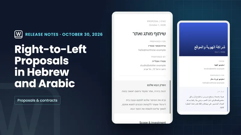 A navy release-notes plate titled Right-to-Left Proposals in Hebrew and Arabic, beside real phone renders of a Hebrew proposal and an Arabic proposal, both reading right to left.