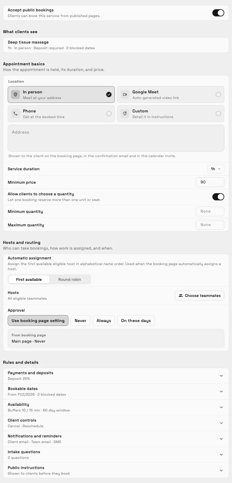 The Configure booking page for a Deep tissue massage service: Accept public bookings on, What clients see reading 1h, in person, deposit required, 2 blocked dates, Appointment basics and Hosts and routing open, and Rules and details folded into rows such as Payments and deposits, Deposit 25%, and Availability, Buffers 10 / 15 min, 60 day window.
