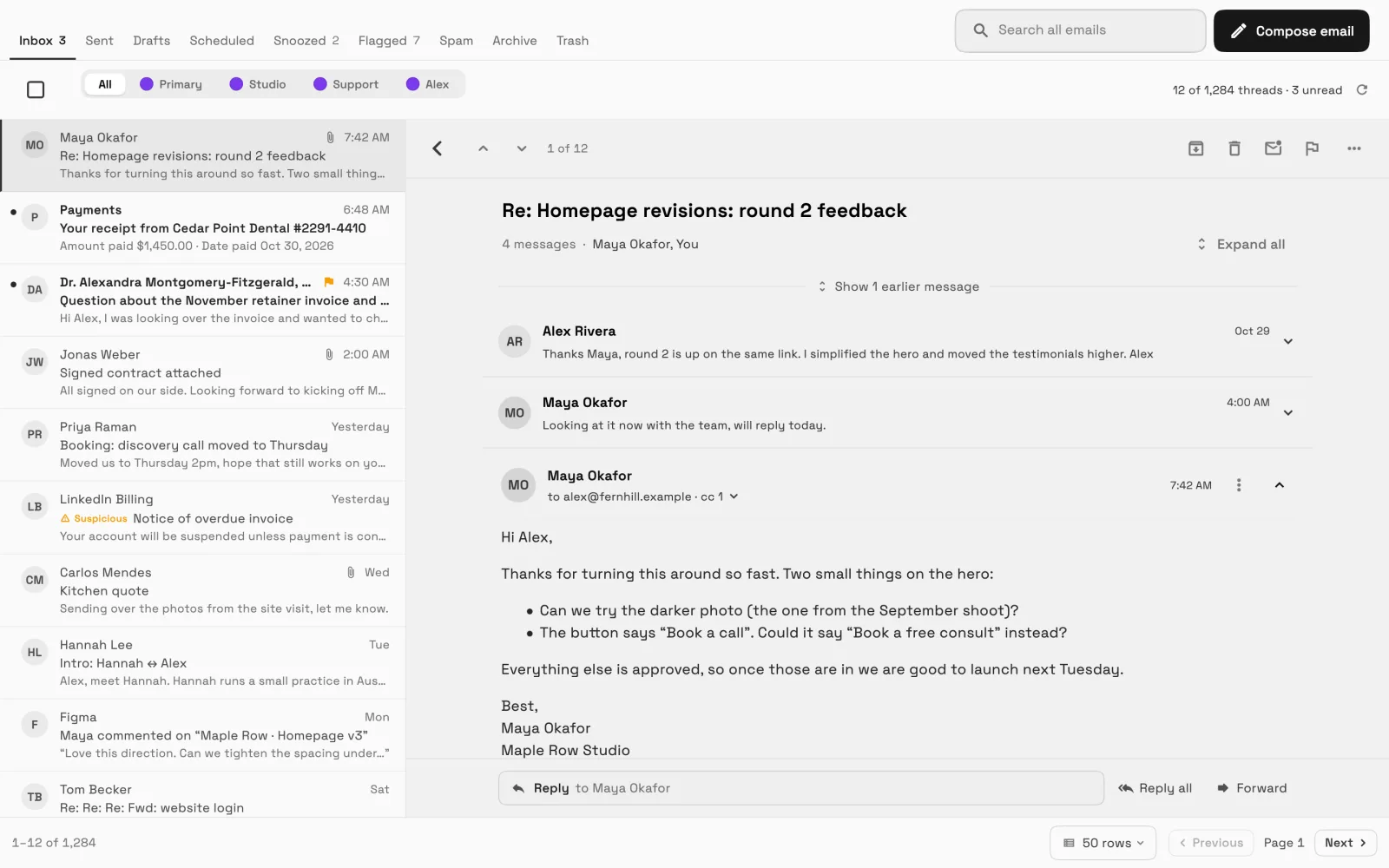 Emails on desktop with the list narrowed on the left and an open email on the right, with up and down arrows and 1 of 12 at the top of the reader.