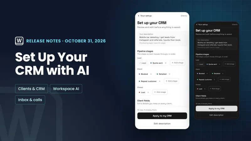 A navy release-notes plate titled Set Up Your CRM with AI, beside real phone renders of Set up your CRM with suggested pipeline stages and Apply to my CRM, in light and dark.