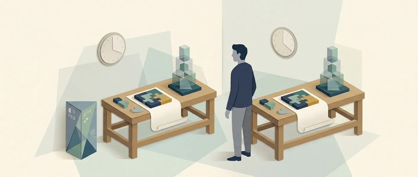 A researcher stands between matching task benches and clocks, with an AI prism nearby, illustrating comparison of work completion.