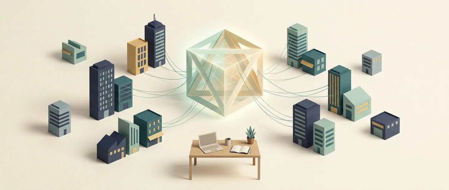 Office buildings surround a connected geometric AI prism, with a small workstation in front, illustrating varied business AI adoption.