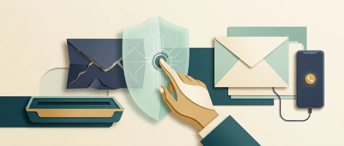 A verification hand and shield separate a damaged email envelope from a payment tray, with a phone beside another envelope.