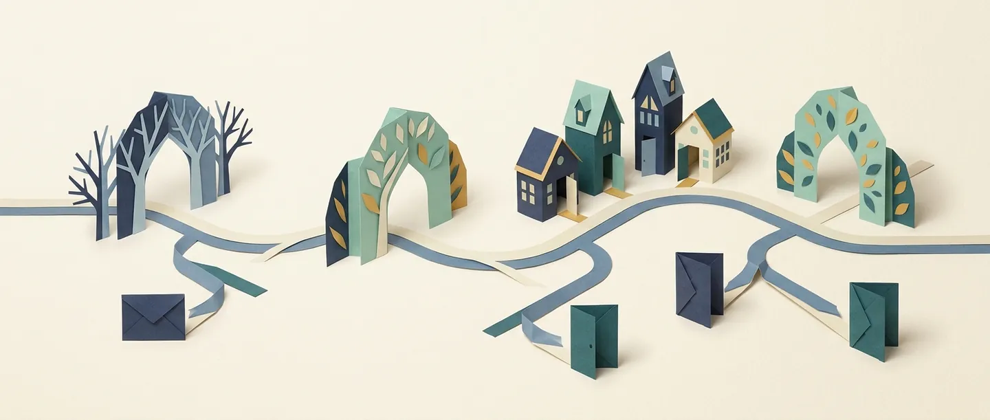Branching paper paths pass through seasonal arches toward business buildings and separate doors, illustrating business continuity and closure.
