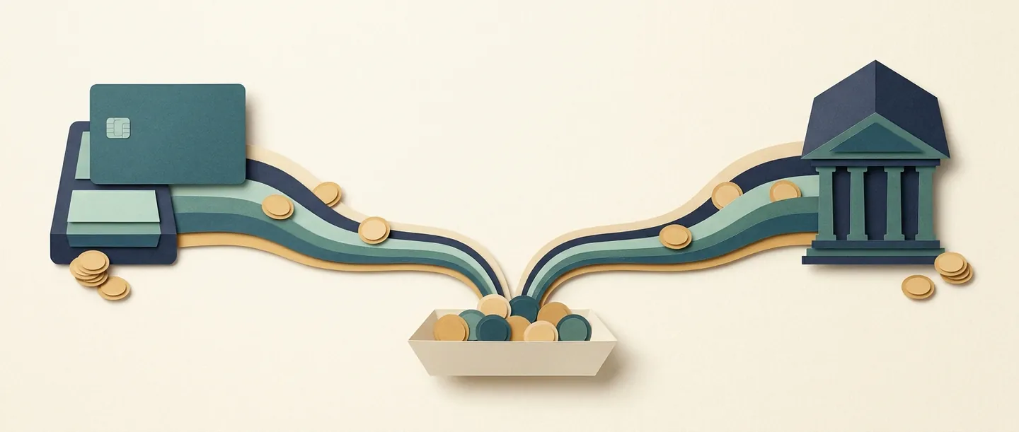 Paper pathways from a bank card and bank building meet in a merchant's coin tray, illustrating card and bank payment processing.