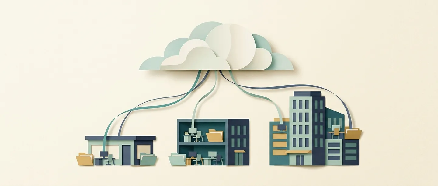 A layered paper cloud connects workstations in differently sized office buildings, with local folders beside the desks.
