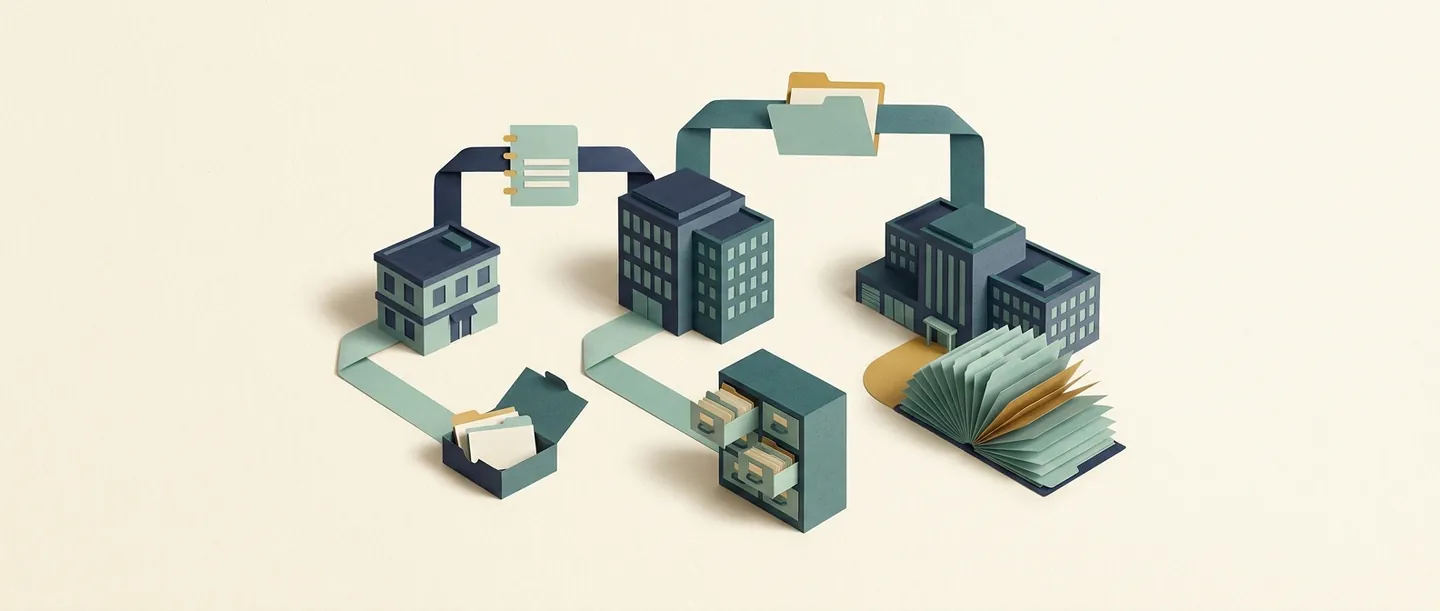 Office buildings of different sizes connect to contact-card boxes, a filing cabinet and an address book, illustrating CRM organization.