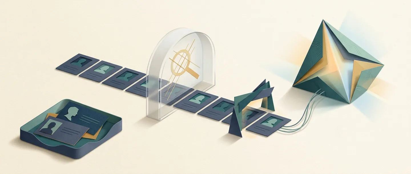 Contact cards pass through an inspection gate toward an AI prism, while other cards remain in a separate review tray.