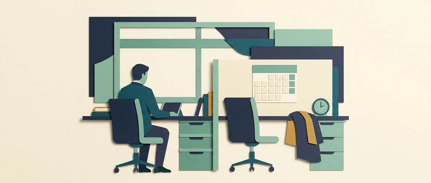 An occupied workstation sits beside an empty chair, calendar and clock, illustrating absence from scheduled work without assigning a cause.