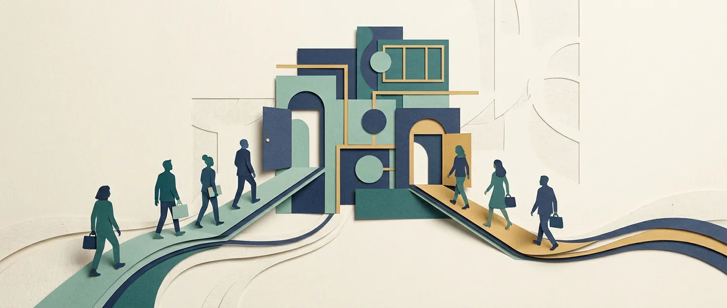 People carrying work bags move along separate paths through office doorways, illustrating employee arrivals and departures.