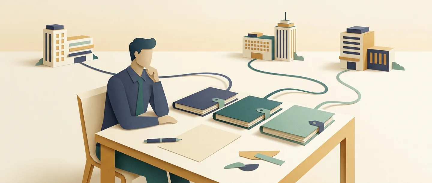 An independent professional's project folders connect to separate client buildings, illustrating distinct client-work relationships.