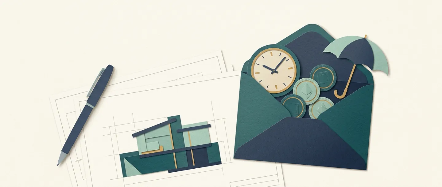 A planning sheet and pen sit beside an envelope holding a clock, coins and umbrella, illustrating the components of labor compensation.