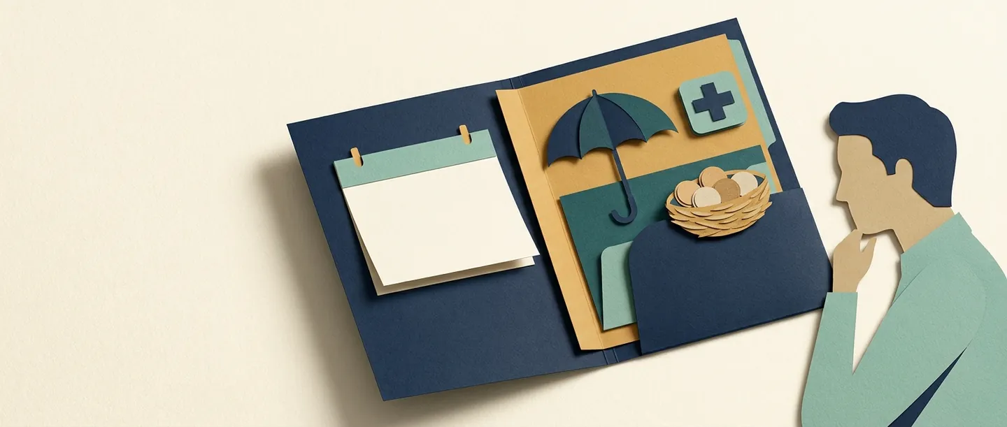 A worker considers a benefits folder containing a calendar, umbrella, medical-care symbol and retirement coin nest.