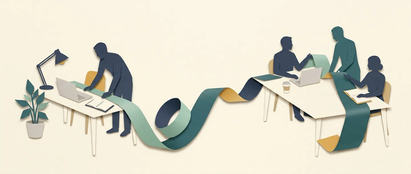 A folded paper ribbon connects an individual home workspace with a shared office table, illustrating remote and hybrid work settings.