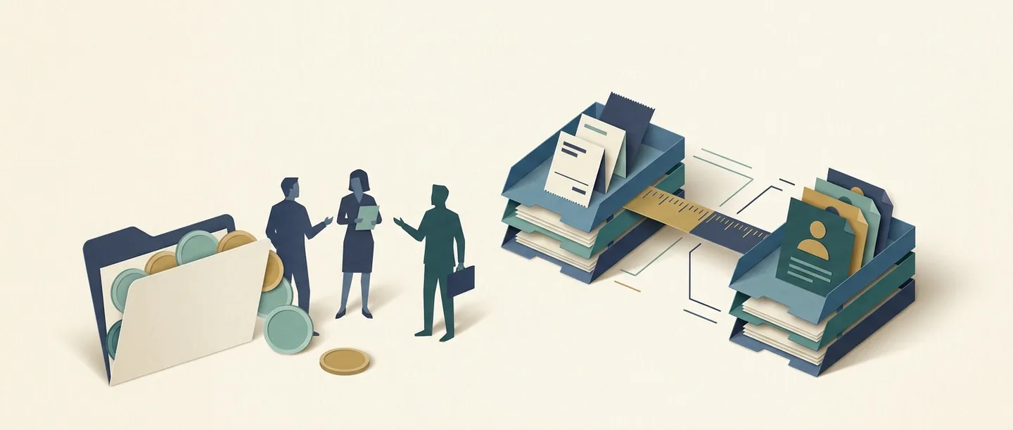 Employee silhouettes stand beside receipts and separate headcount cards joined by a measuring bridge, illustrating revenue-to-employment comparison.