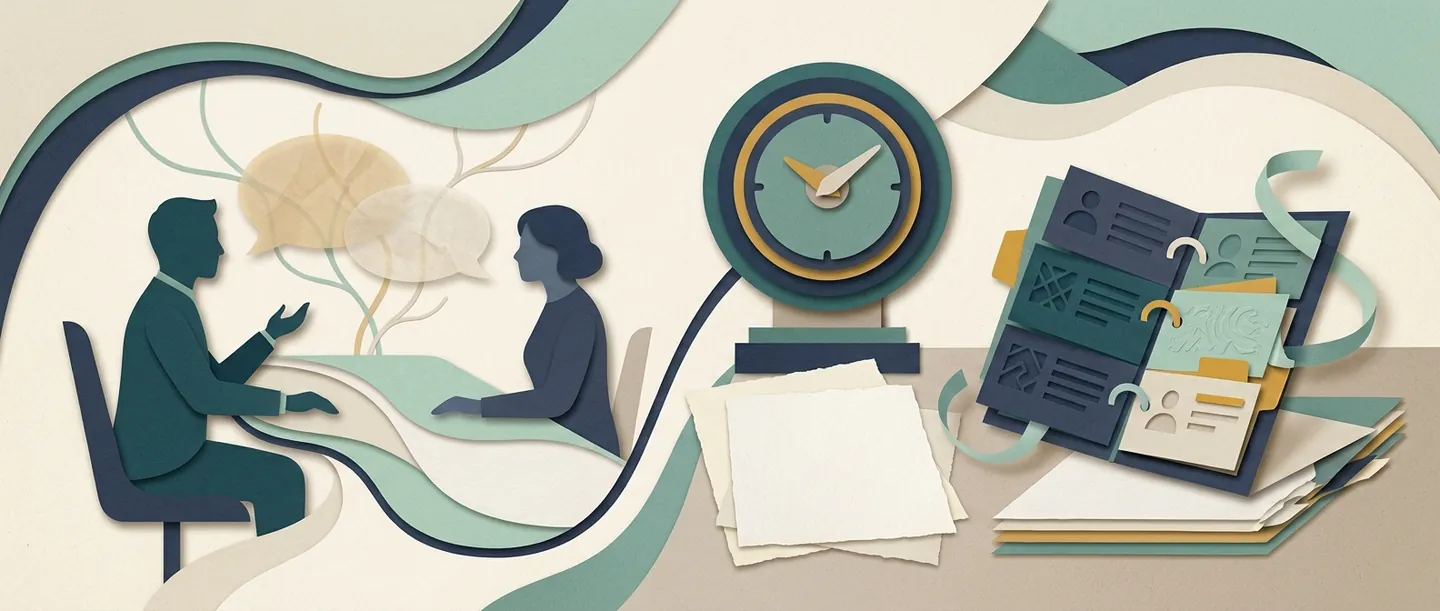 A client conversation and contact-card organizer flank a clock, illustrating the work time used for selling and CRM administration.
