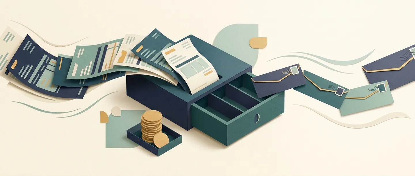 Invoices flow into a cash drawer while expense envelopes leave it, with a separate coin tray representing business reserves.