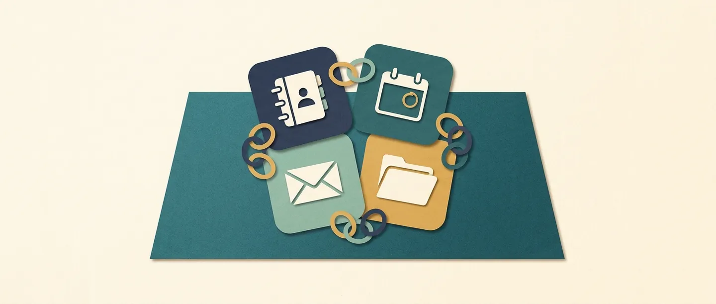 Contact, calendar, email and folder tiles linked by paper rings illustrate a team's collection of recurring software subscriptions.