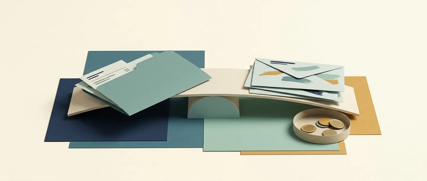 A receipts folder and expense envelopes rest on a paper balance beside a coin tray, illustrating sole-proprietor income and expenses.
