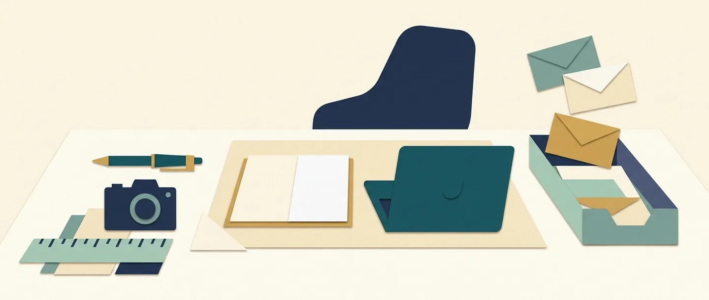 A single workspace with a laptop, notebook, camera and receipt envelopes illustrates income-generating work in a solo business.