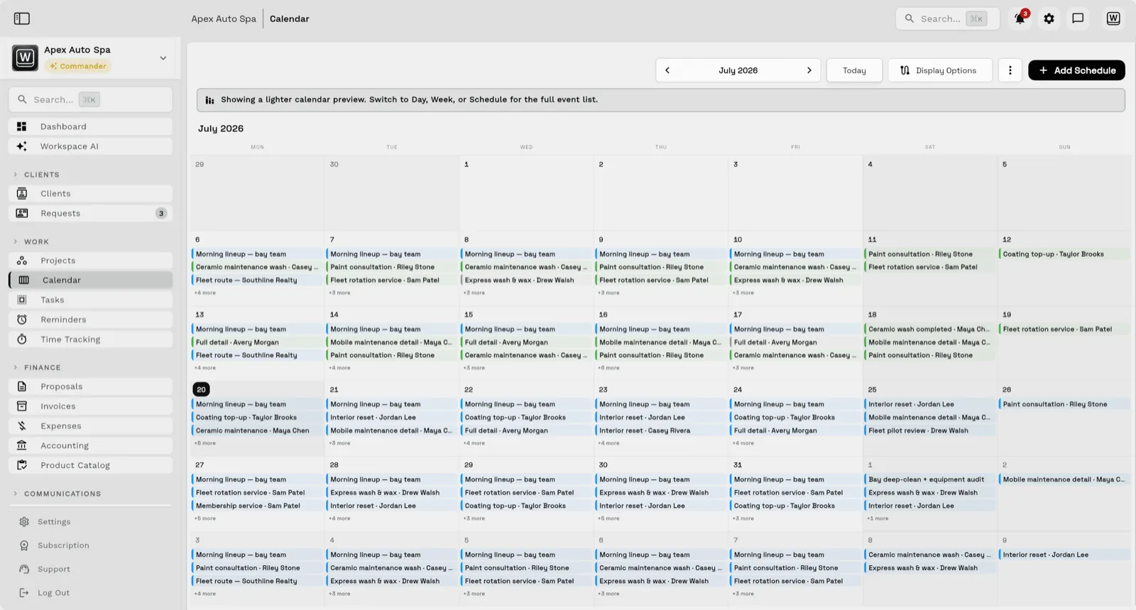 Workspace369 calendar showing scheduled client work, appointments, and reminders