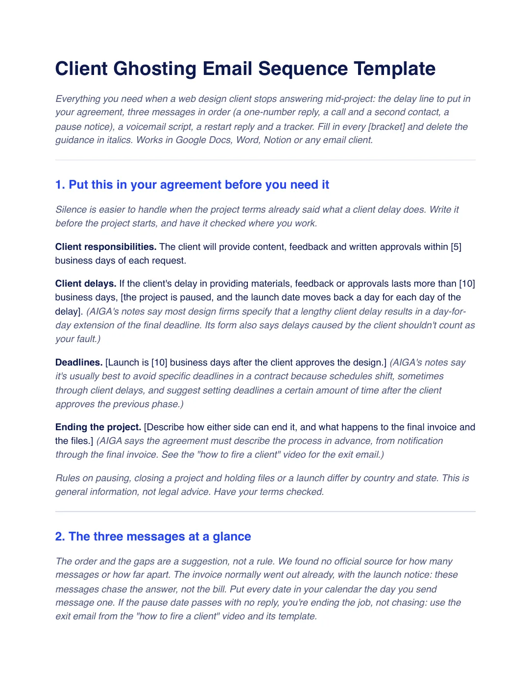 First page of the client ghosting email sequence: a title and intro, "Put this in your agreement before you need it" with four clauses, including ending the project, and the start of "The three messages at a glance".