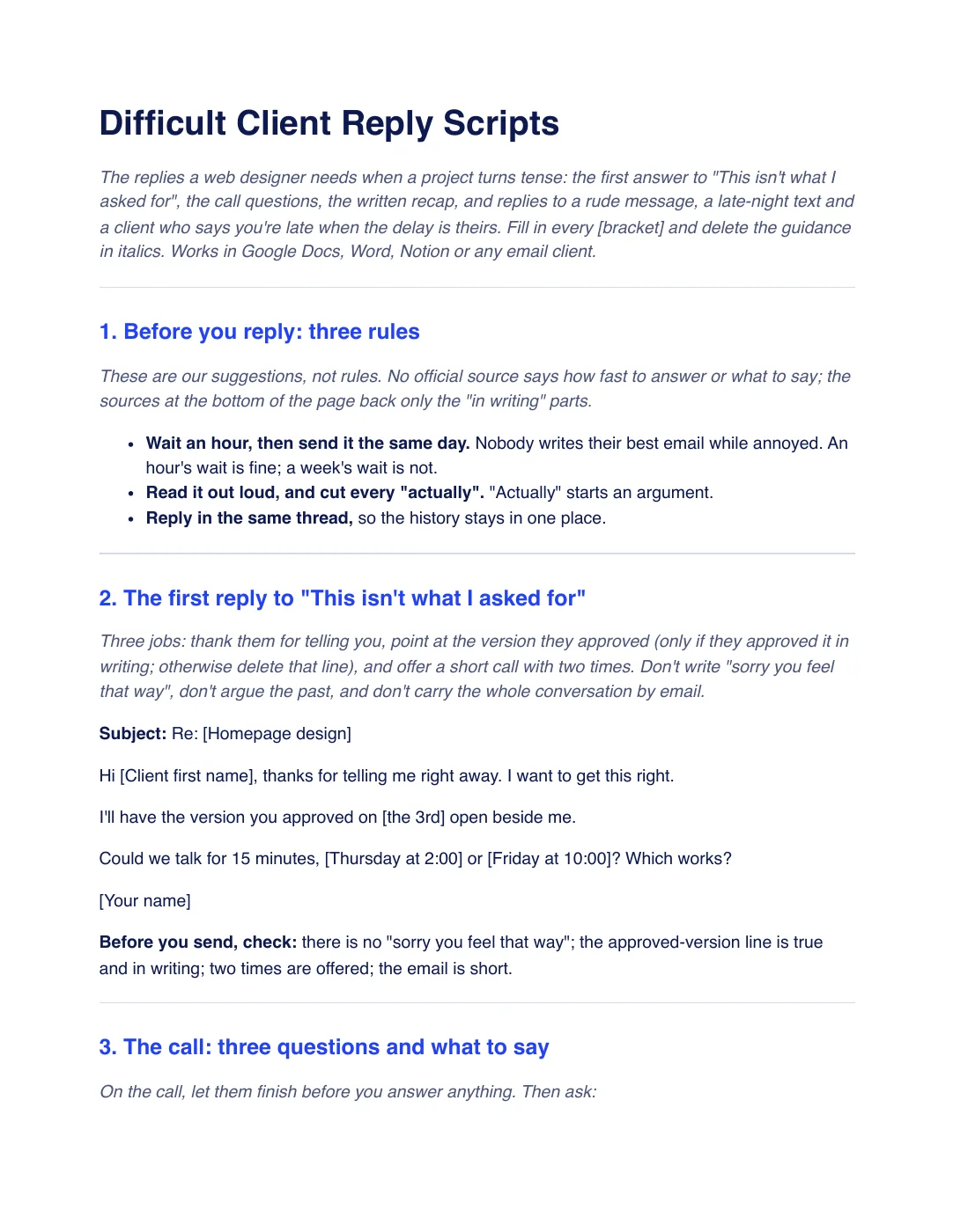 First page of the difficult client reply scripts template: a title and intro, "Before you reply: three rules" as three bullets, and "The first reply to This isn’t what I asked for" with a short email and a before-you-send check.