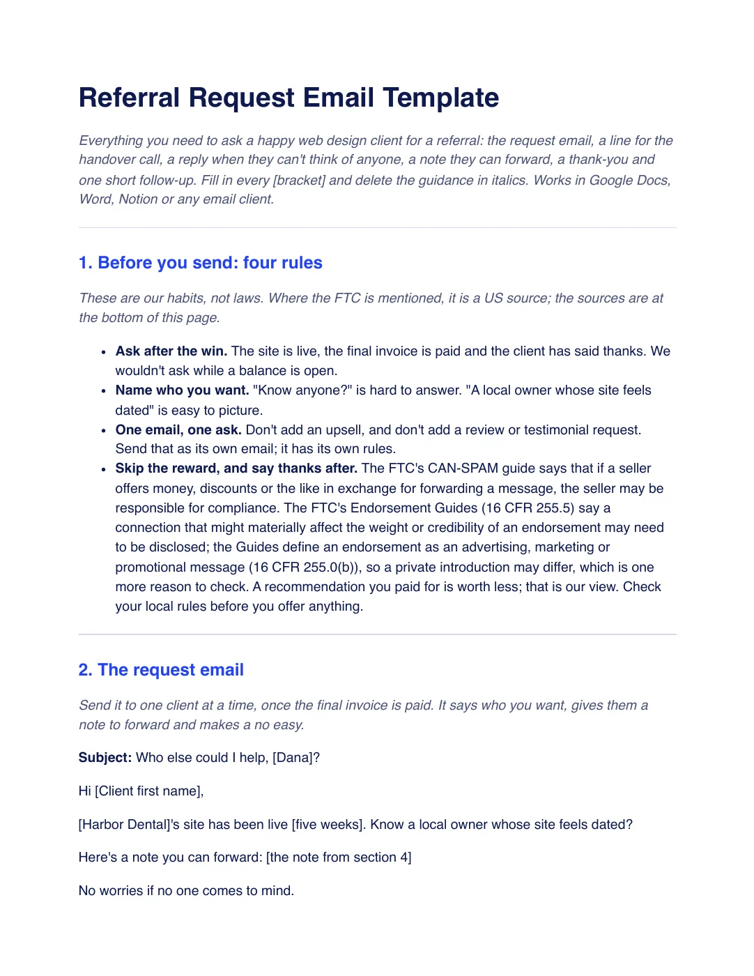 First page of the referral request email template: a "Referral Request Email Template" title and intro, then "Before you send: four rules" as four bullets, and the start of "The request email" with a subject line and short body.