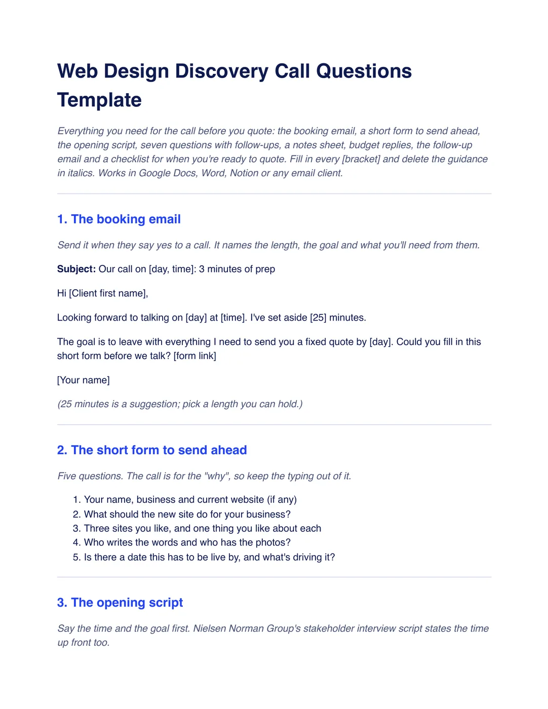 First page of the web design discovery call questions template: a title and intro, "1. The booking email" with a subject line and a short message about the call length and a fixed quote, then "2. The short form to send ahead" with five numbered questions.