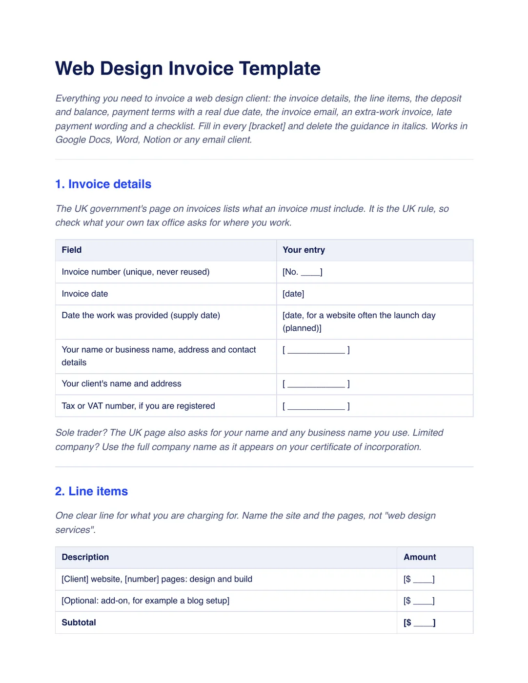 First page of the web design invoice template: a "Web Design Invoice Template" title and intro, then "Invoice details" as a table of fields such as invoice number, date, supply date and client address, and the start of a "Line items" table with a description and amount column.